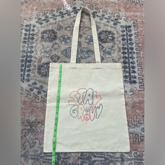 Hand Embroidered Multicolor Stay Groovy 70s Tan Canvas On The Go Tote Bag - Picture 5 of 5